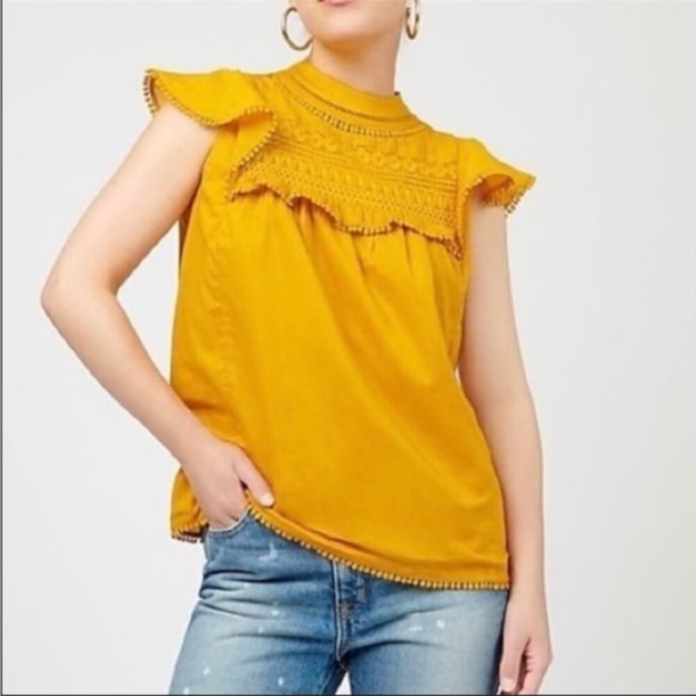 J CREW Flutter Sleeve Crocheted Lace Top in Bronzed Ochre Mustard Boho Medium